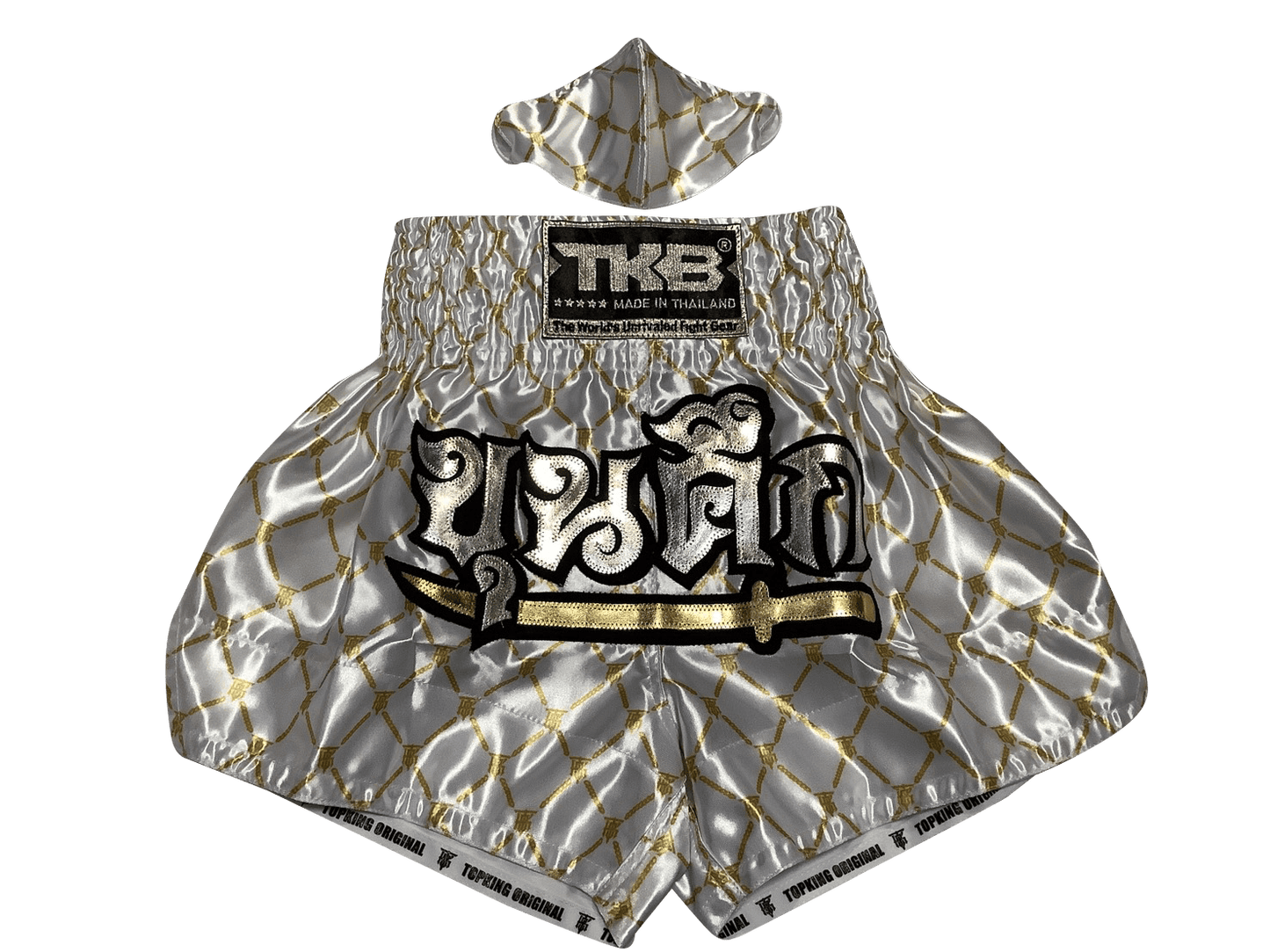 Top King Muay Thai Shorts TKTBS-216 White and Gold without mask