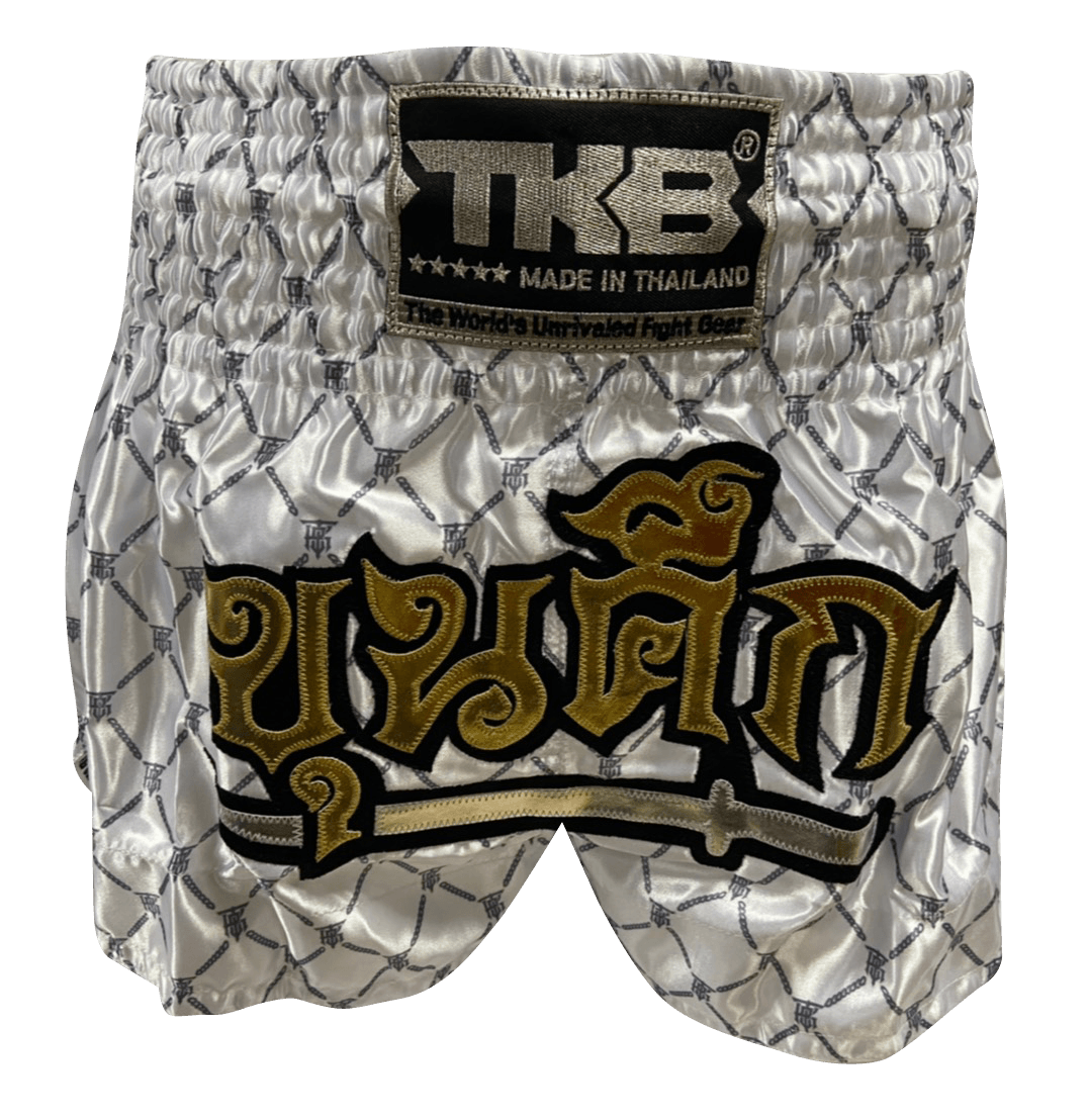 Top King Muay Thai Shorts TKTBS-218 White Sliver without mask